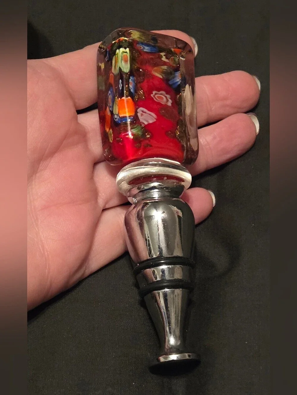 Venetian-style Art Glass Millefiori and Chromed Metal Wine Bottle Stopper